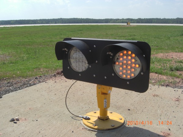 A newly installed LED elevated runway guard light