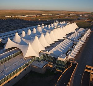 Aerial shot of Jeppesen Terminal at Denver International Airport