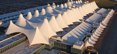 Aerial shot of Jeppesen Terminal at Denver International Airport