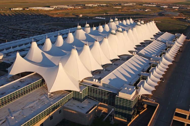 Aerial shot of Jeppesen Terminal at Denver International Airport