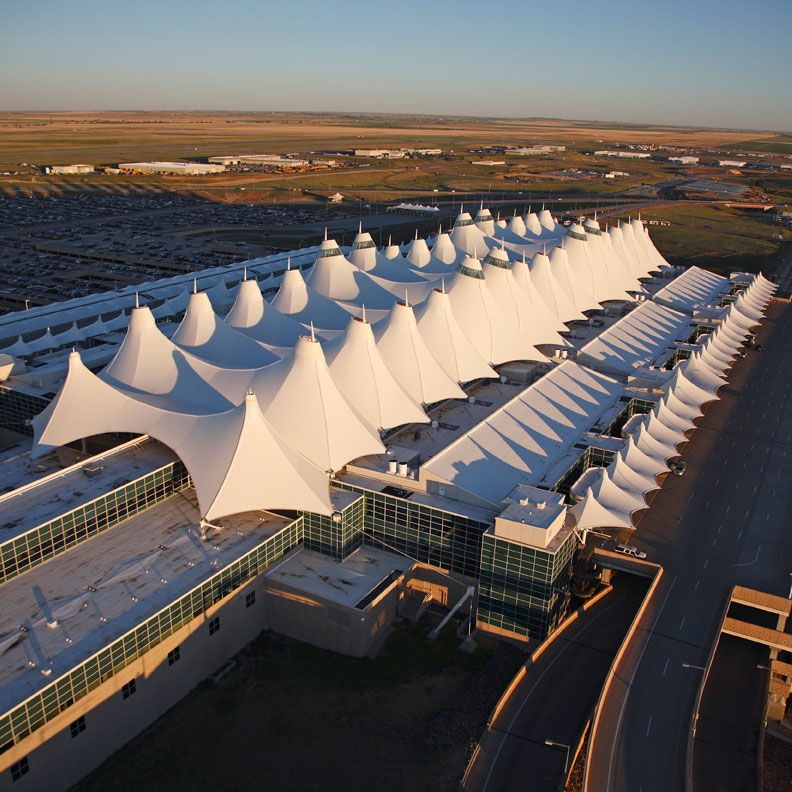 Aerial shot of Jeppesen Terminal at Denver International Airport