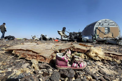 Aircraft wreckage from the Russian Metrojet, destroyed by a terrorist bomb
