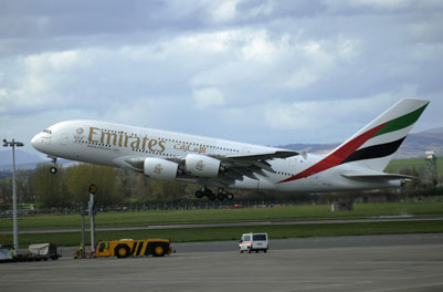 Airbus A380 lands at Glasgow Airport