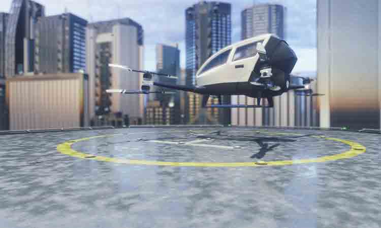 Rendering of UAM vehicle landing in urban city