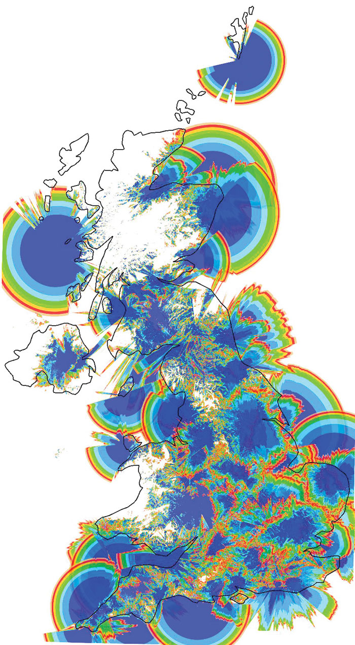 Figure 1: UK radar coverage predicted for 150m-high wind turbines