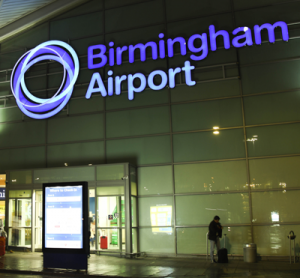 Birmingham Airport entrance at night