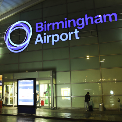 Birmingham Airport entrance at night