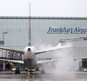 Winter operations: de-icing a plane at Frankfurt International Airport