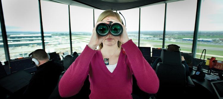 Using binoculars in an air traffic control tower