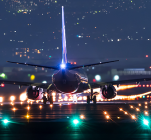 Runway lighting illuminates aircraft preparing for take off